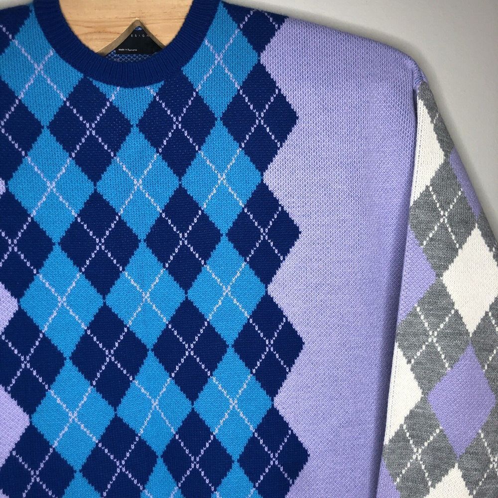 Asos Design Men's 2XL Argyle Crew Neck Knit‎ Preppy Long Sleeve Pullover Sweater